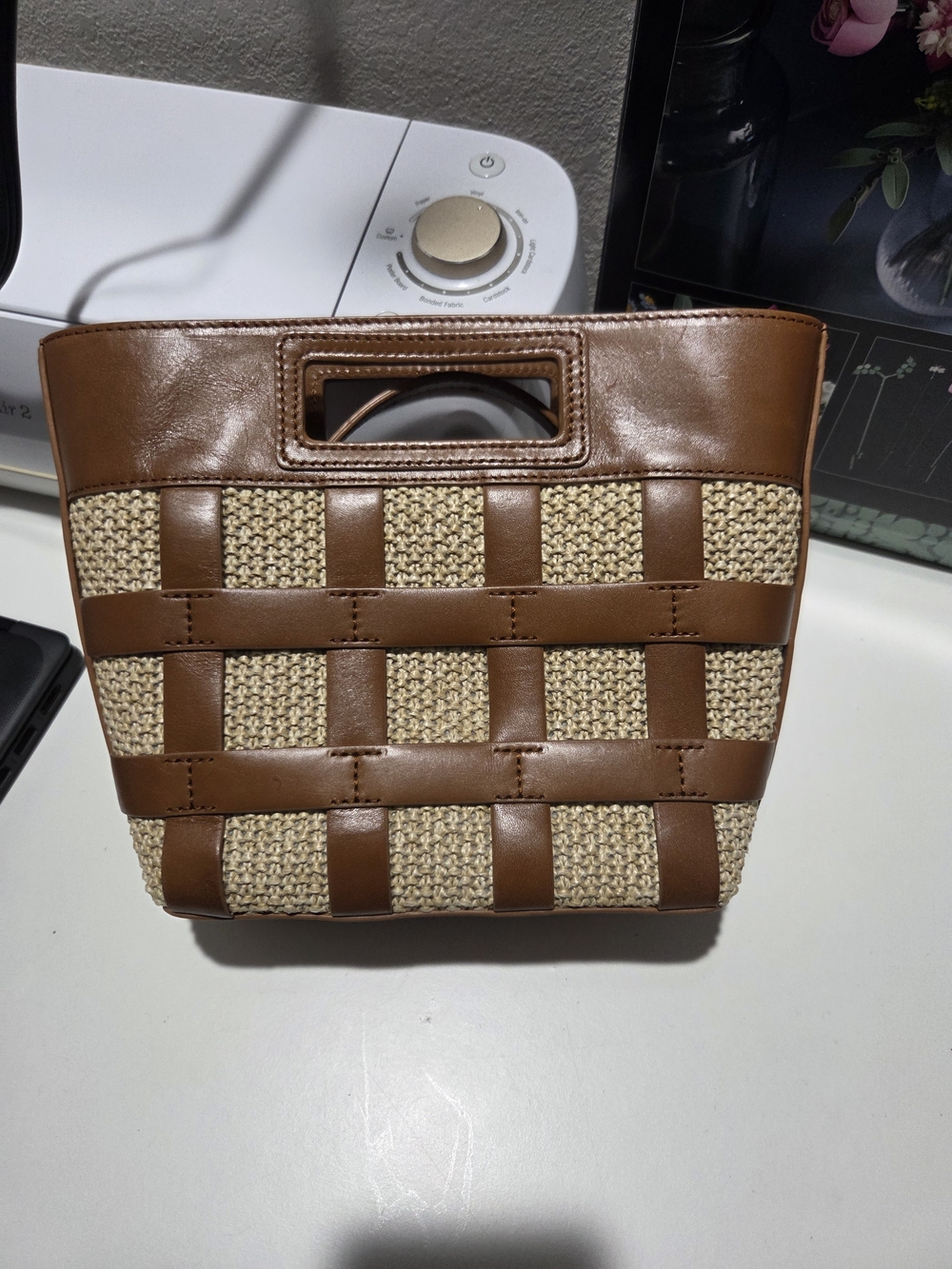 Talbots Woven Straw and Brown Leather Handle Tote